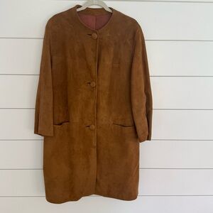 Vintage Suede Duster Coat Women Lg Tan Long Button Trench 70s Minimalist Mod